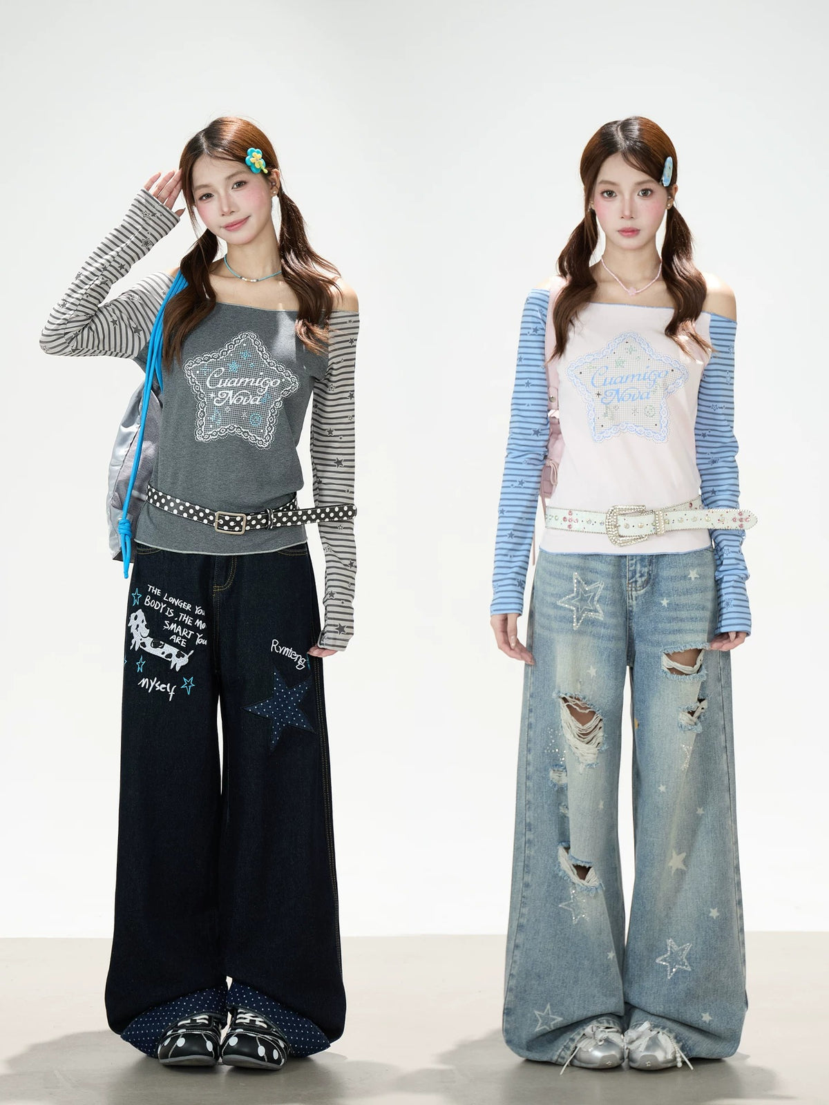 Star Stripe Off-Shoulder Long Sleeve Top & Graphic Star Wide-Leg Pants