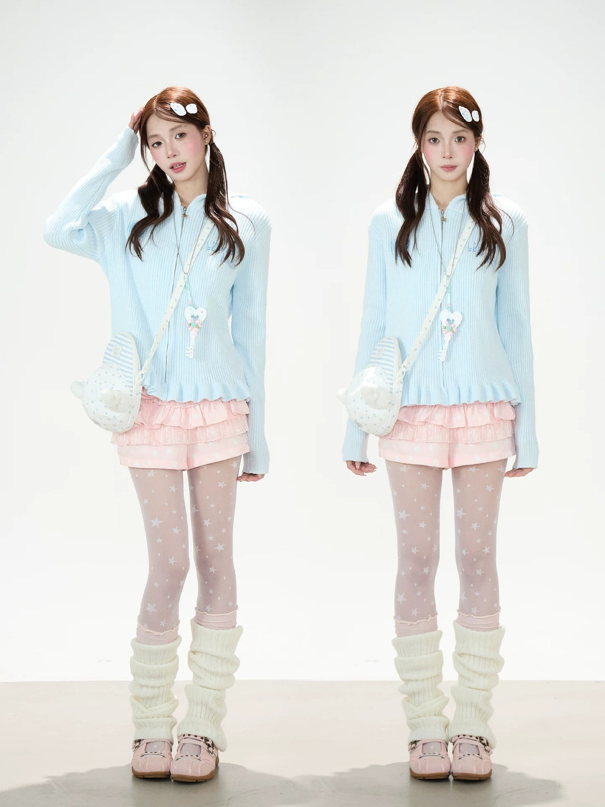 Cat-Ear Hooded Knit Zip Cardigan & Pink Ruffle Shorts
