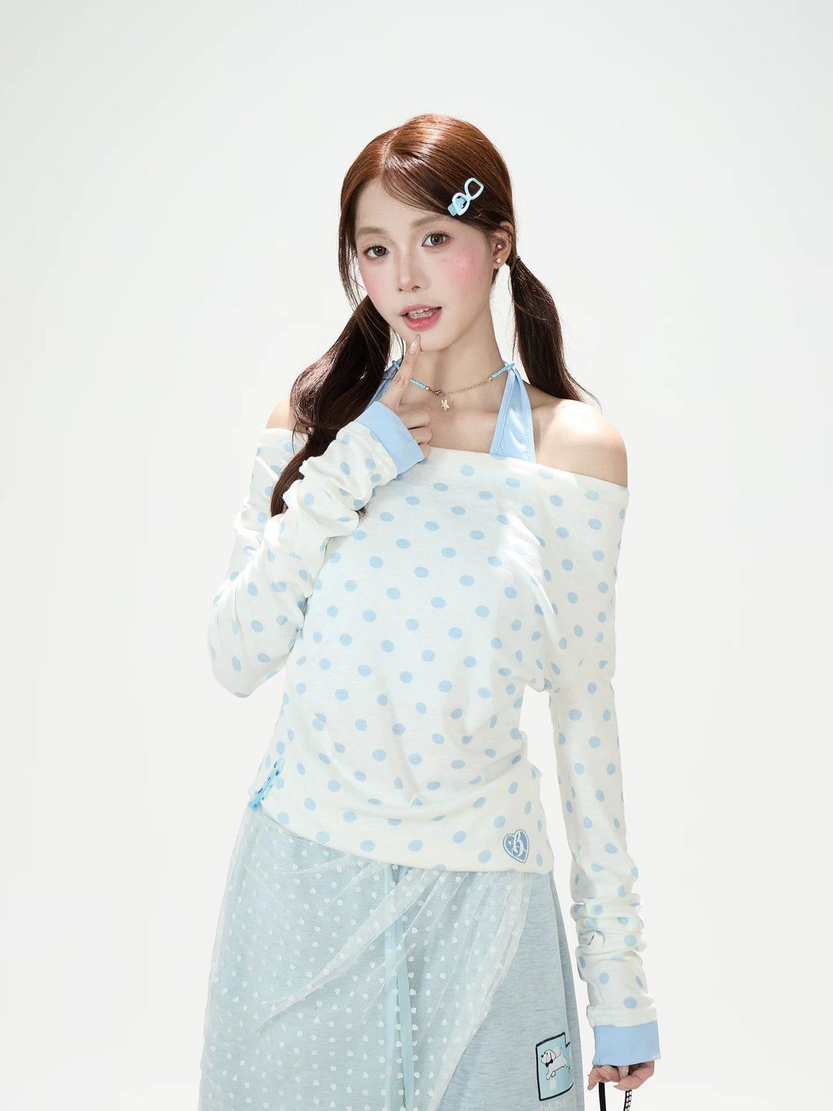 Polka-Dot Off-Shoulder Layered Long Sleeve Top & Blue Wide-Leg Pants