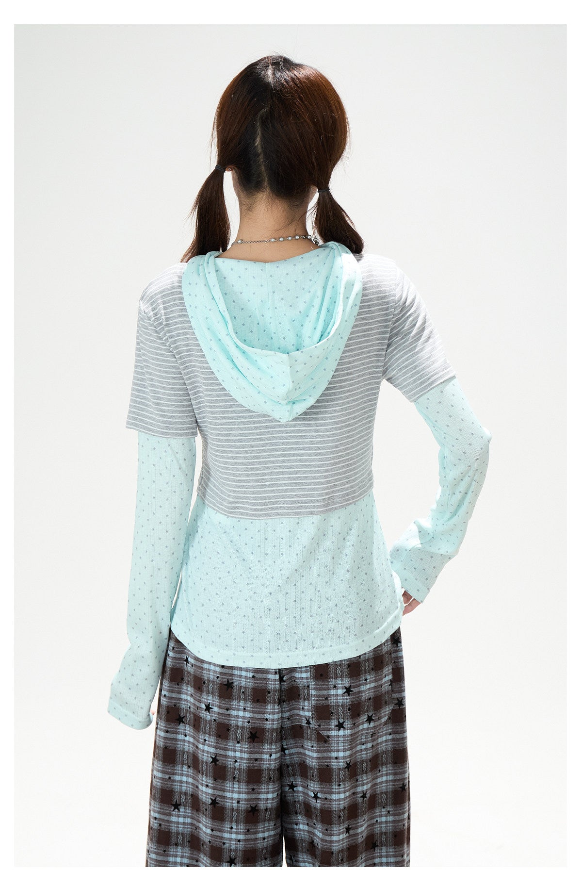 Striped Polka-Dot Layered Two-Piece Top Set & Star Patch Wide-Leg Jeans