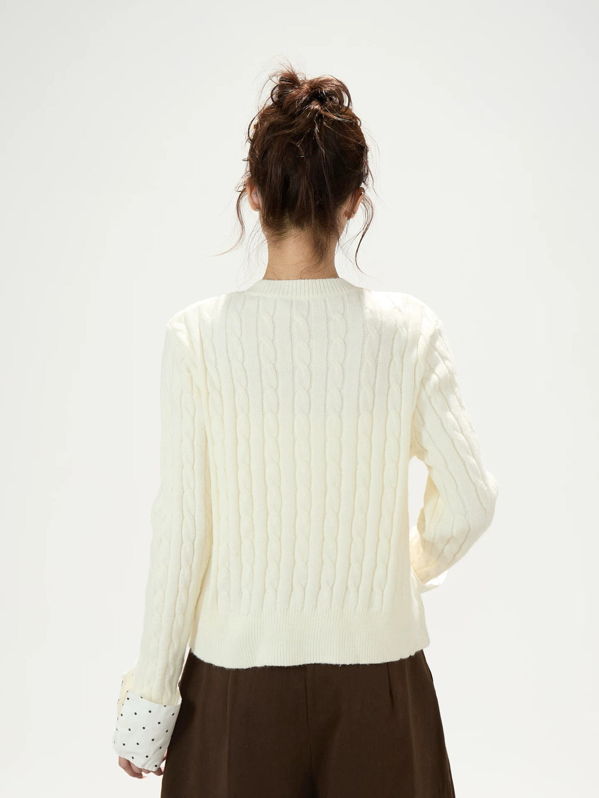 Polka-Dot Bow Knit Cardigan & Black Pinstripe Wide-Leg Pants