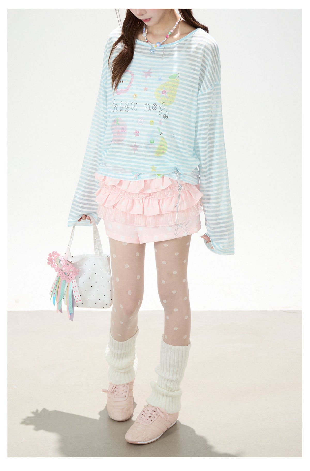 Playful Stripe Graphic Sheer Long Sleeve Top & Pink Wide-Leg Pants