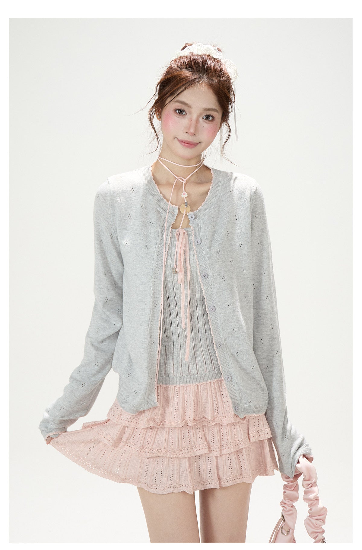 Pointelle Bow Cardigan & Cami Knit Set & Tiered Ruffle Mini Skirt