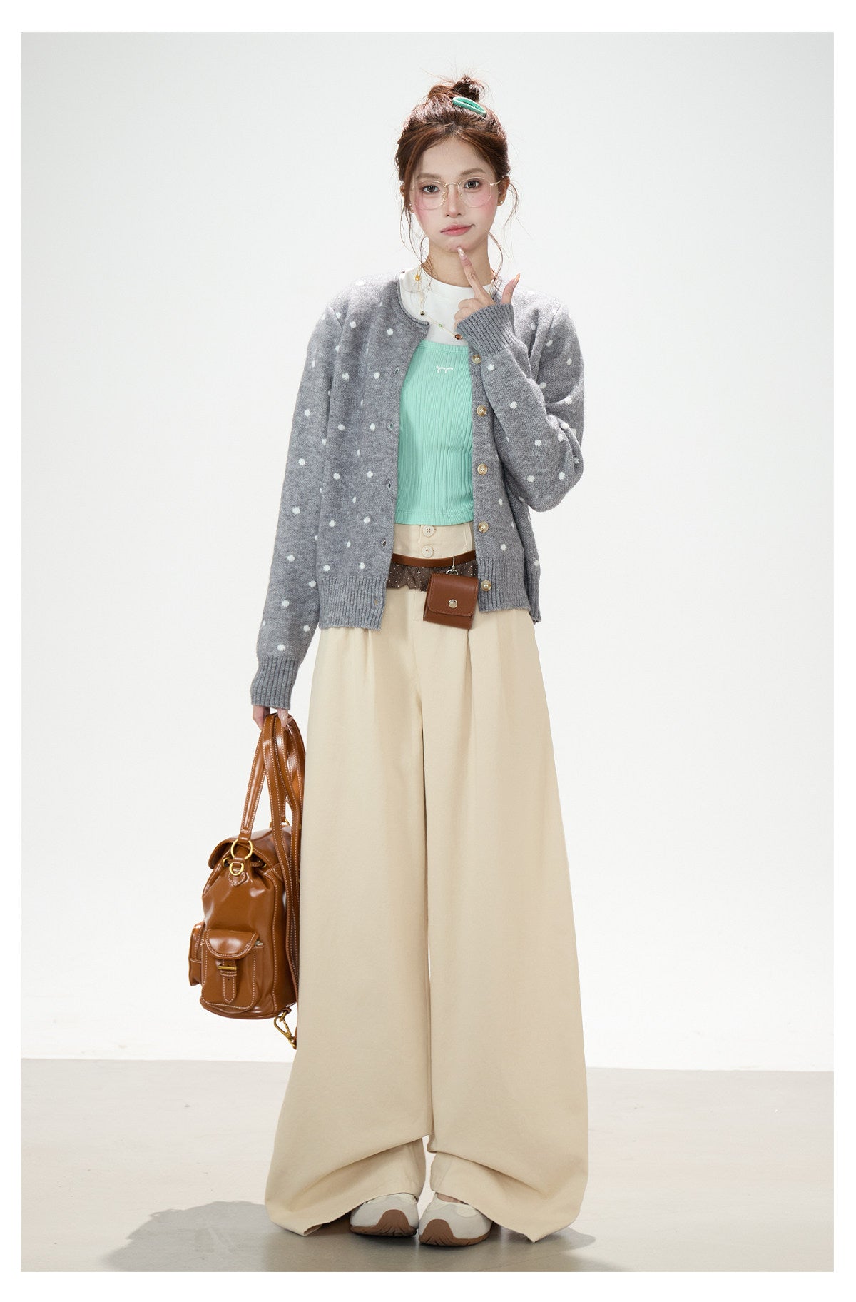 Polka-Dot Jacquard Knit Cardigan & Washed Flare Jeans