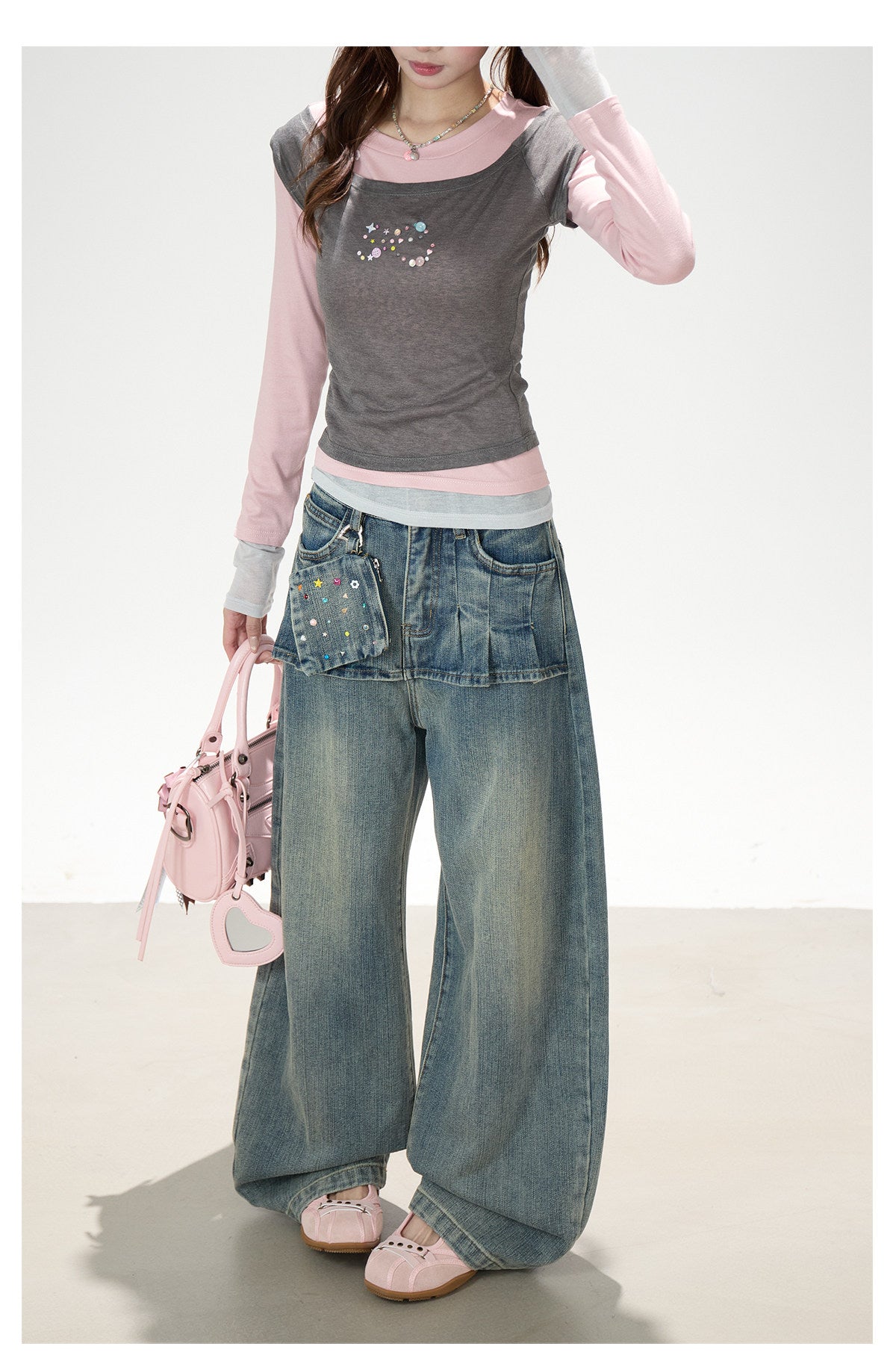 Layered Contrast Long Sleeve Top & Washed Wide-Leg Jeans