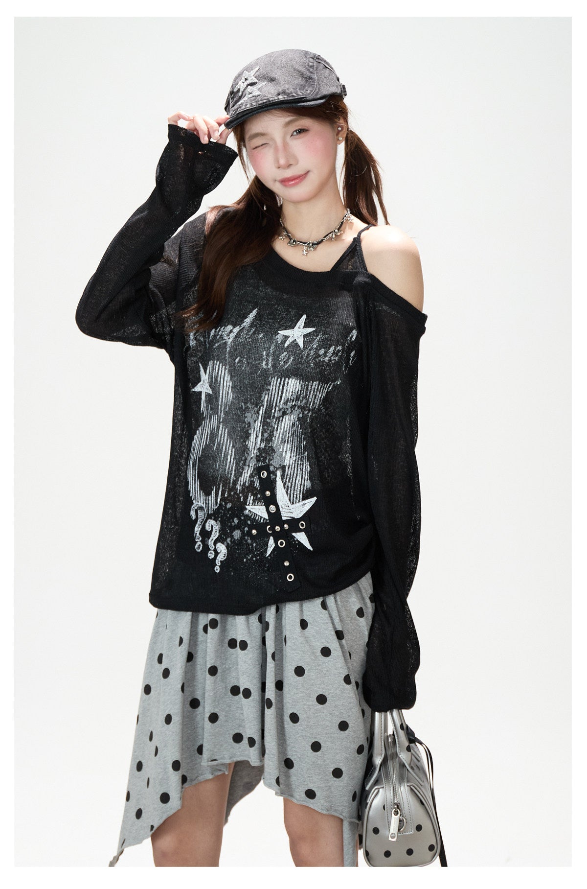 Dark Graffiti Off-Shoulder Long Sleeve Top & Asymmetric Polka-Dot Mini Skirt