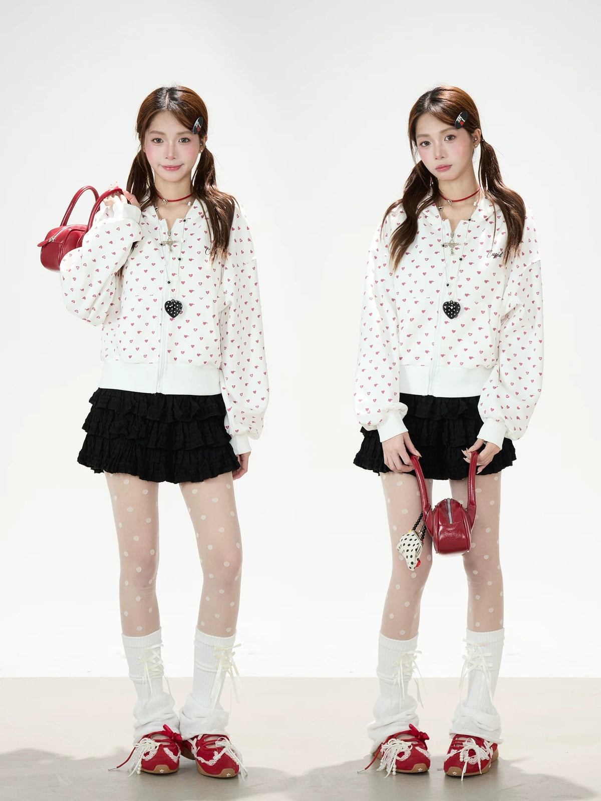 Heart Print Zip-Up Hoodie & Black Tiered Ruffle Mini Skirt
