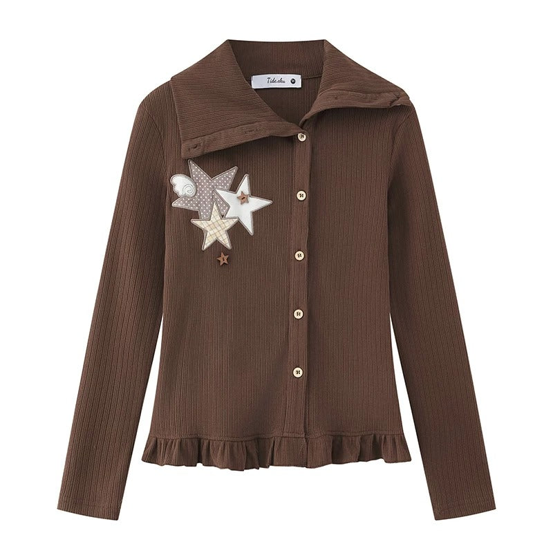 Star Patch Ruffle-Hem Collared Cardigan & Brown Plaid-Cuff Wide-Leg Pants