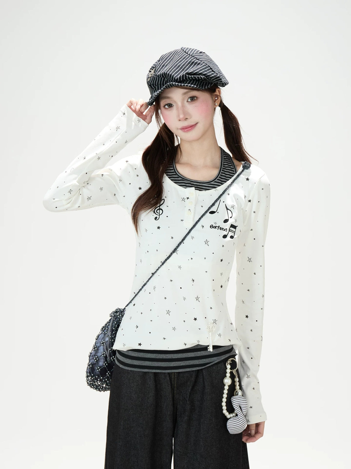 Star Music Note Halter Layered Long Sleeve Top & Black Wide-Leg Pants
