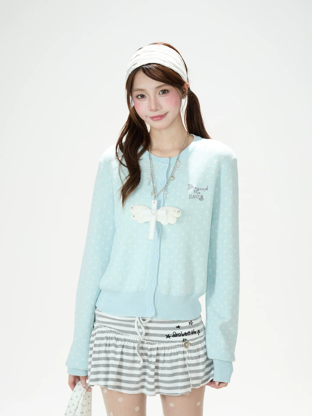 Polka-Dot Soft Knit Cardigan & Gray Mini Skirt