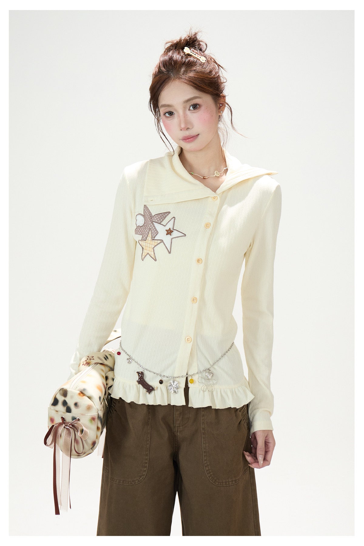 Star Patch Ruffle-Hem Collared Cardigan & Brown Plaid-Cuff Wide-Leg Pants