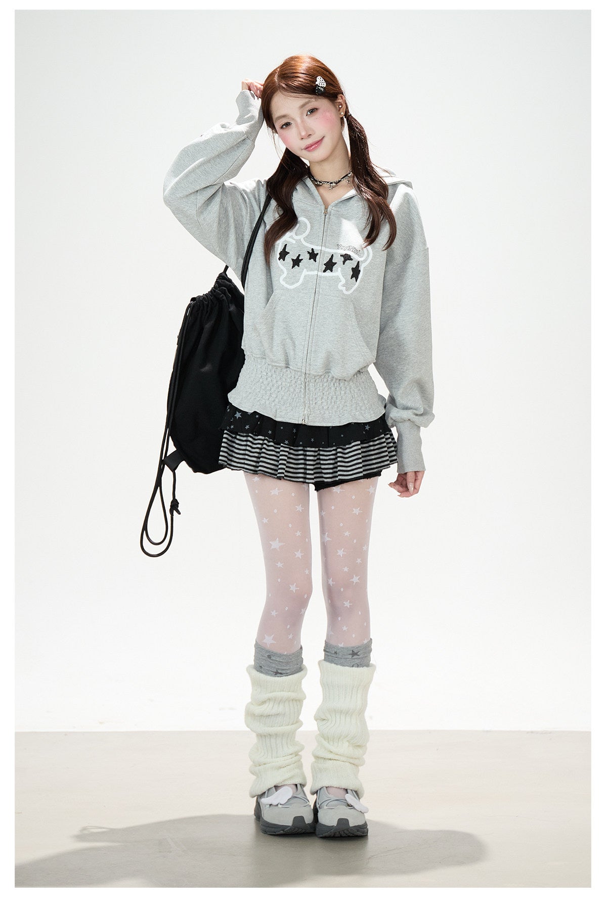 Star Puppy Zip-Up Hoodie & Black Stripe Ruffle Mini Skirt