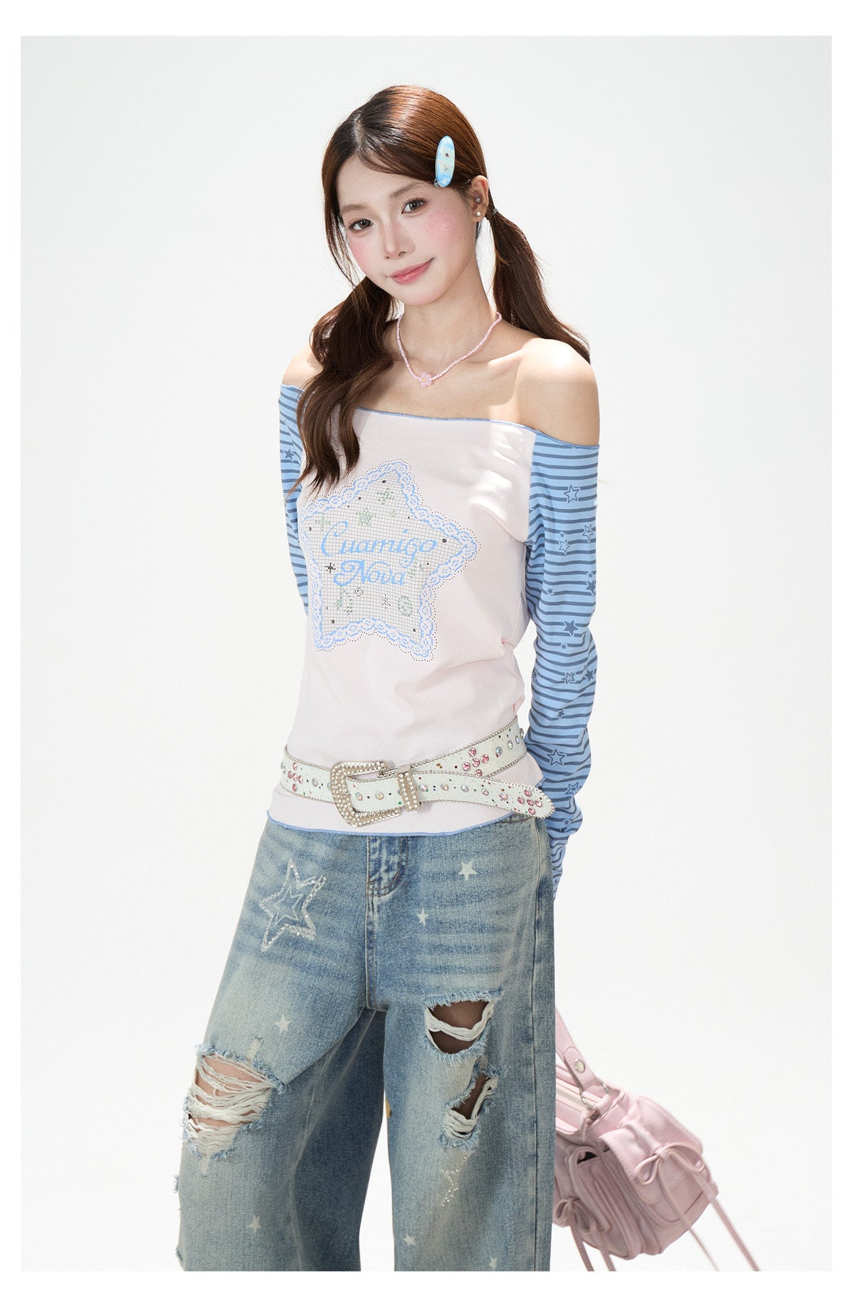 Star Stripe Off-Shoulder Long Sleeve Top & Graphic Star Wide-Leg Pants