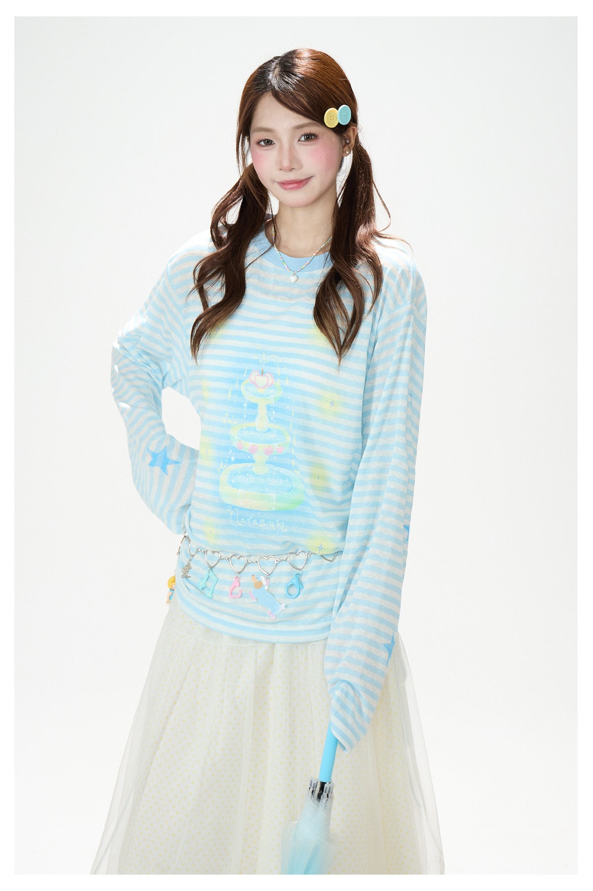 Pastel Stripe Cartoon Drawstring Long Sleeve Top & Khaki Wide-Leg Pants