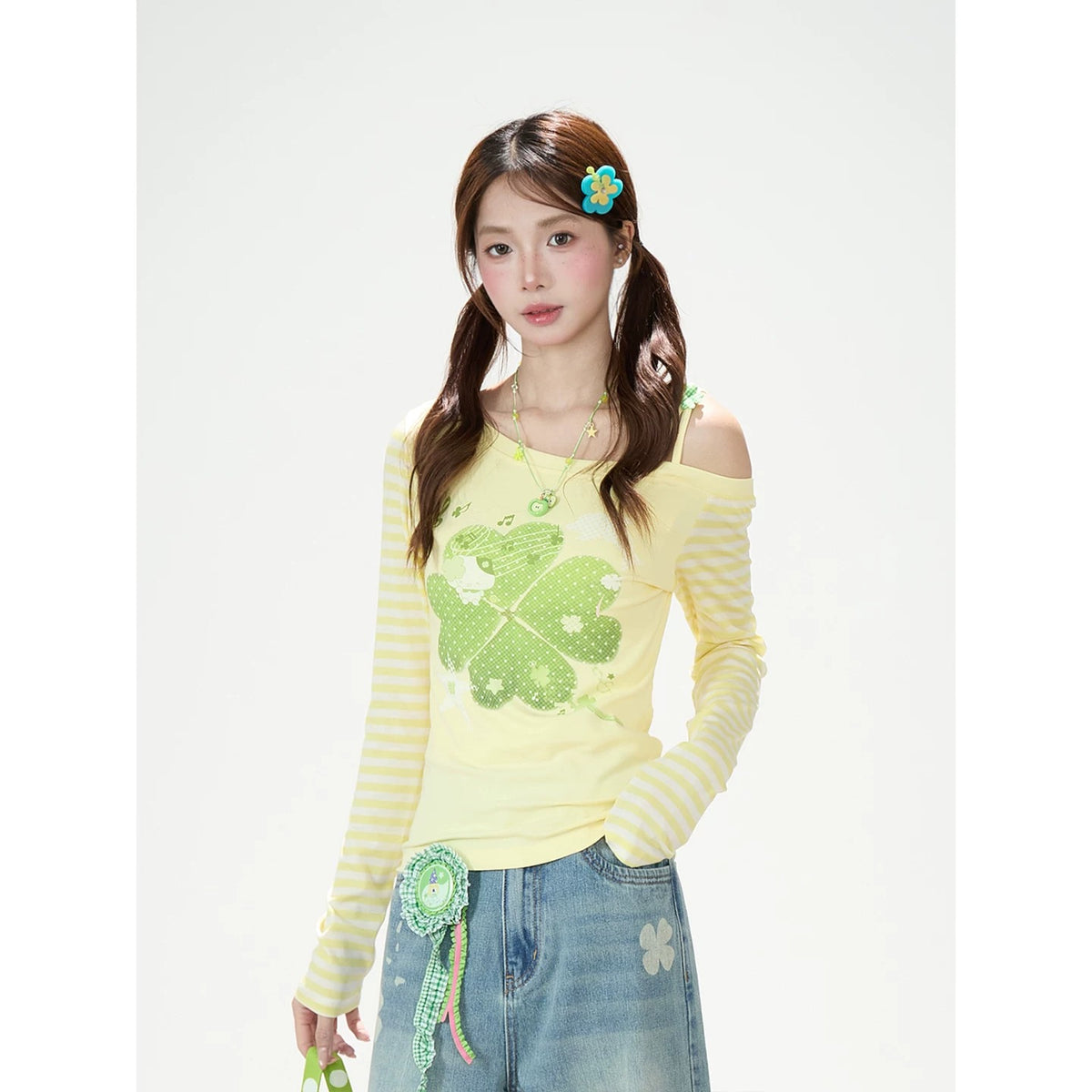 Clover Stripe Off-Shoulder Long Sleeve Top & Star Music Note Wide-Leg Jeans