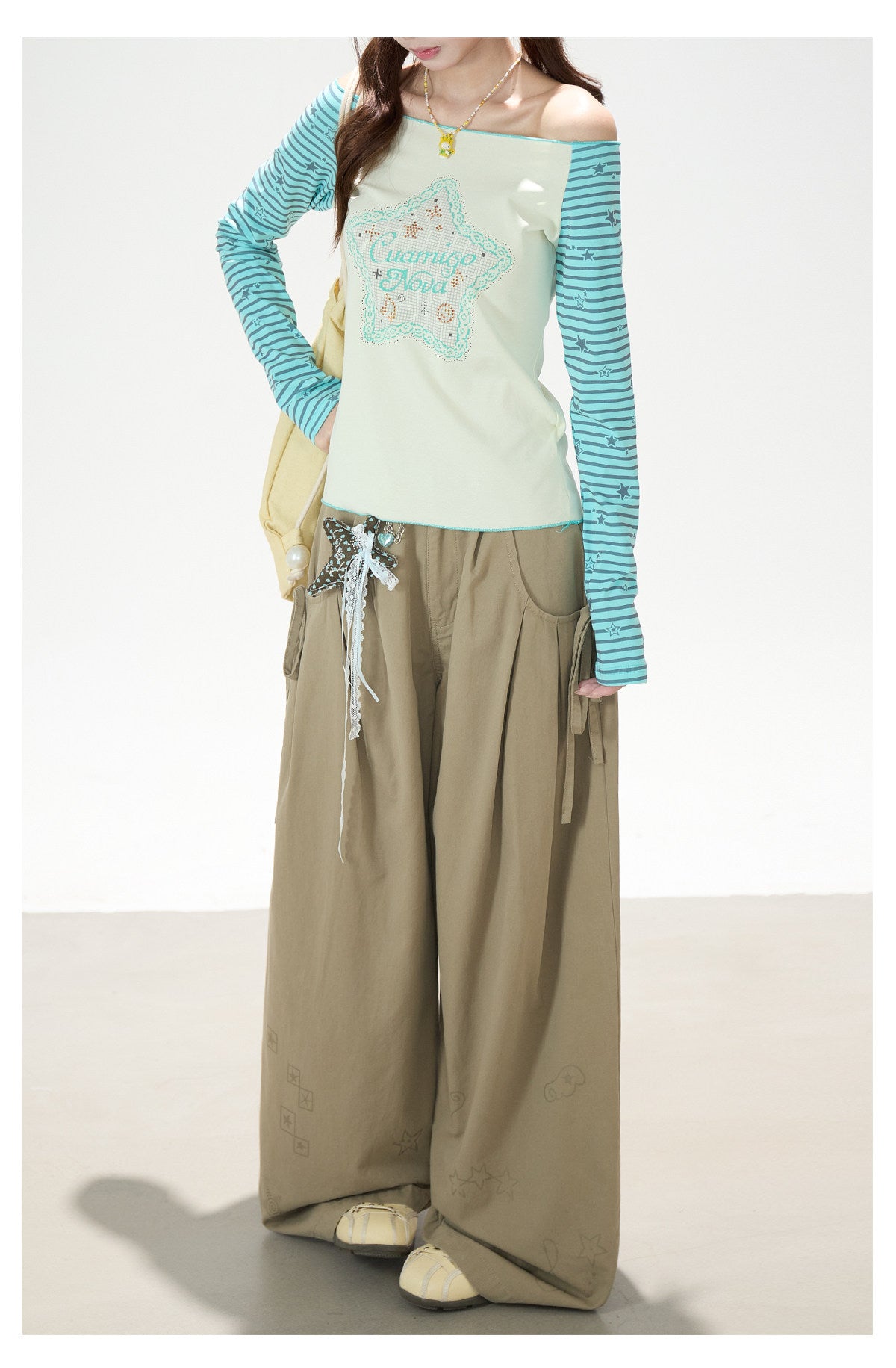 Star Stripe Off-Shoulder Long Sleeve Top & Graphic Star Wide-Leg Pants