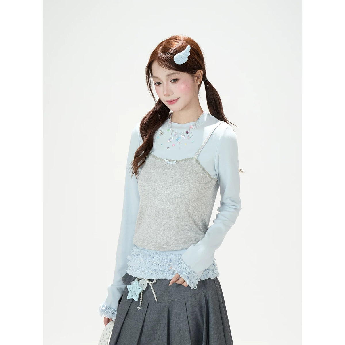 Ruffle Hem Layered Cami Long Sleeve Top & Washed Wide-Leg Jeans