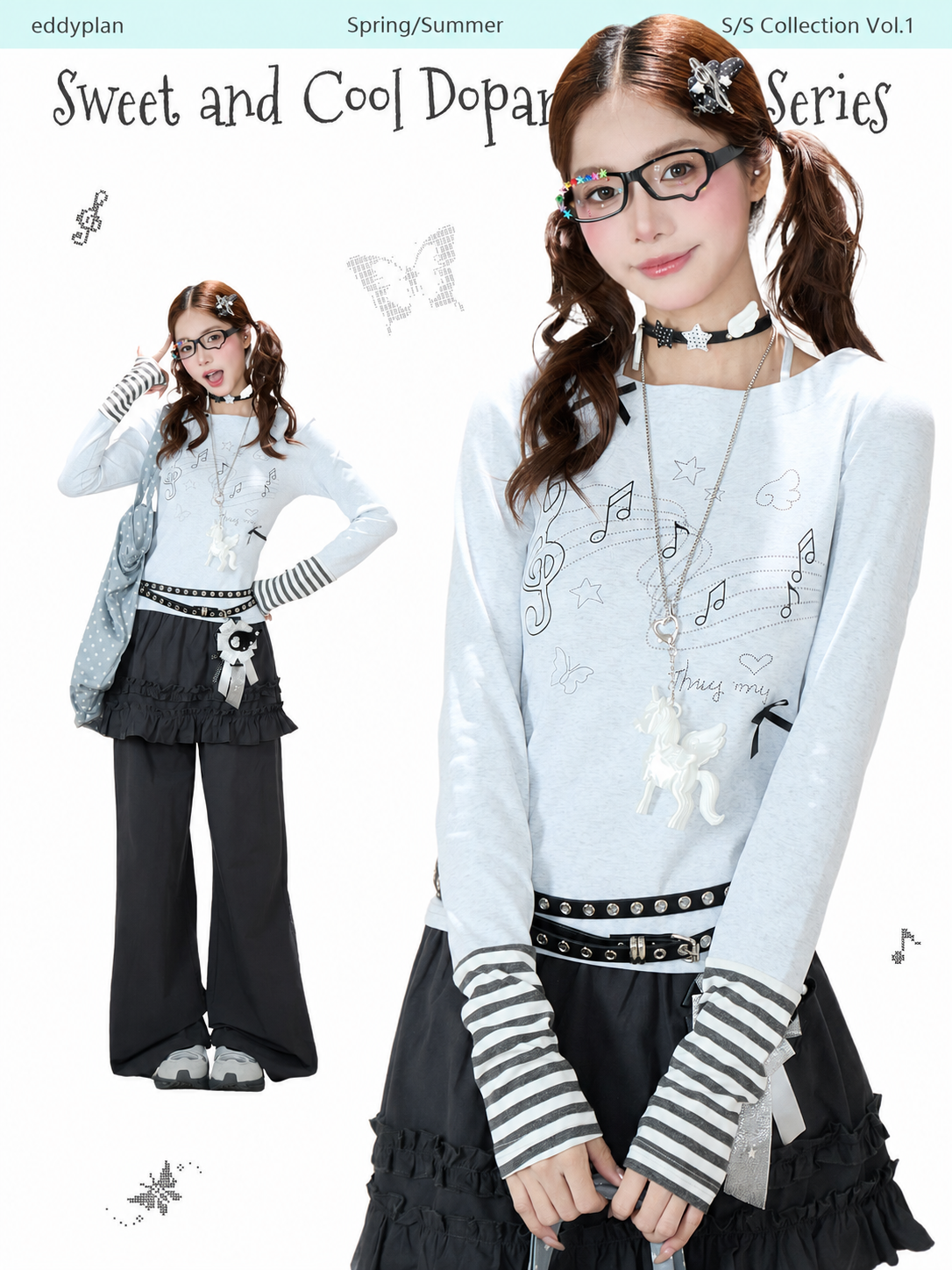 Music Note Bow Stripe-Cuff Long Sleeve Top & Ruffle Overlay Wide-Leg Pants