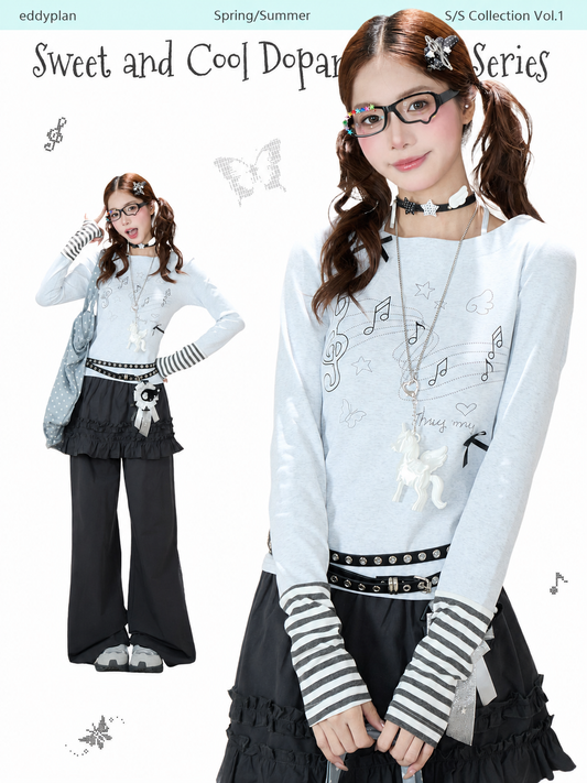 Music Note Bow Stripe-Cuff Long Sleeve Top & Ruffle Overlay Wide-Leg Pants