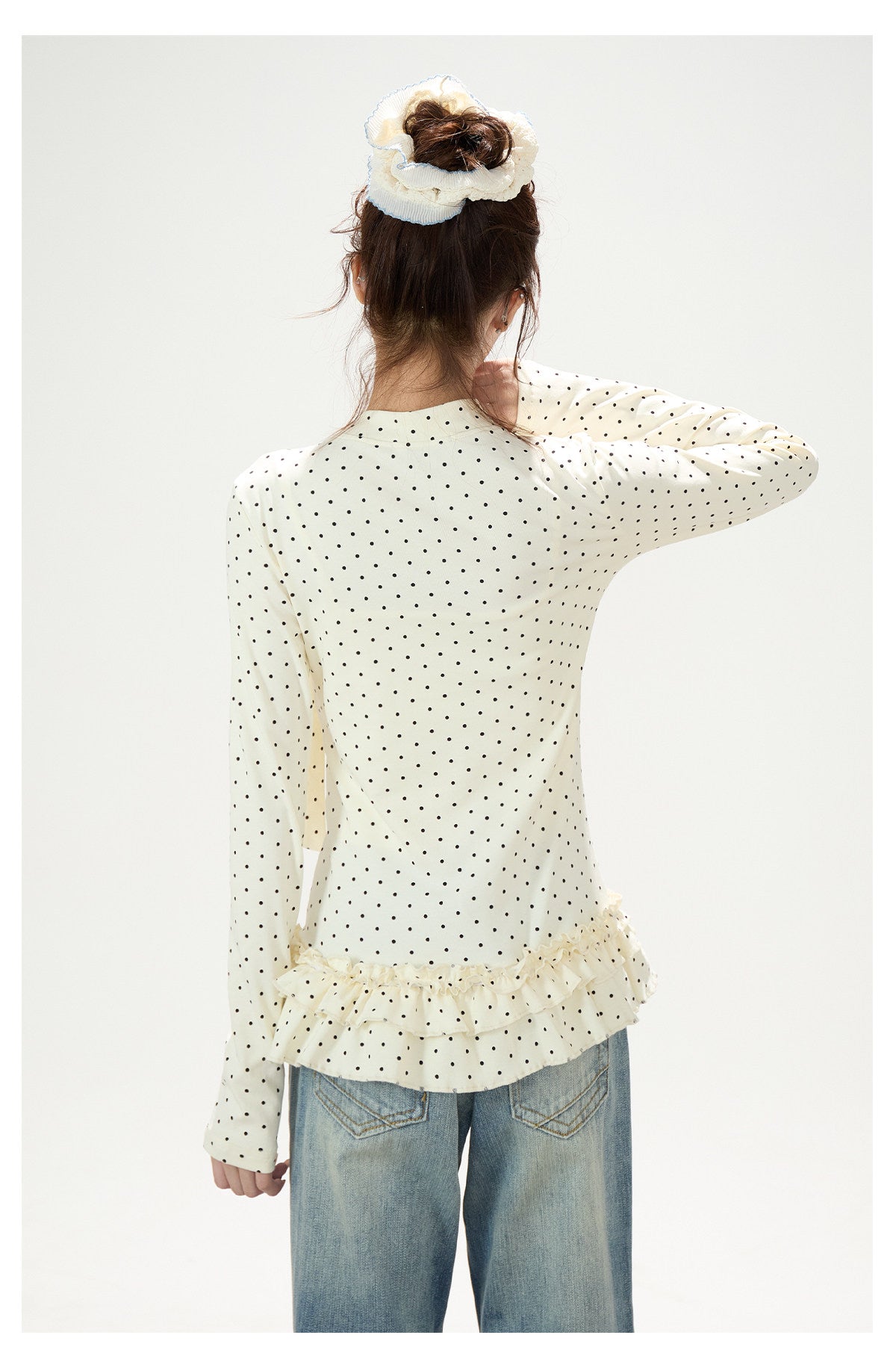 Polka-Dot Bow Ruffle-Hem Long Sleeve Top & Washed Flare Jeans
