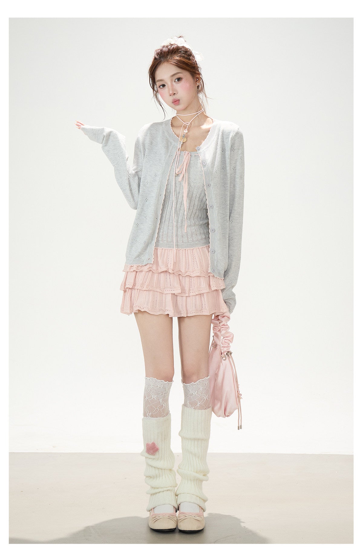 Pointelle Bow Cardigan & Cami Knit Set & Tiered Ruffle Mini Skirt