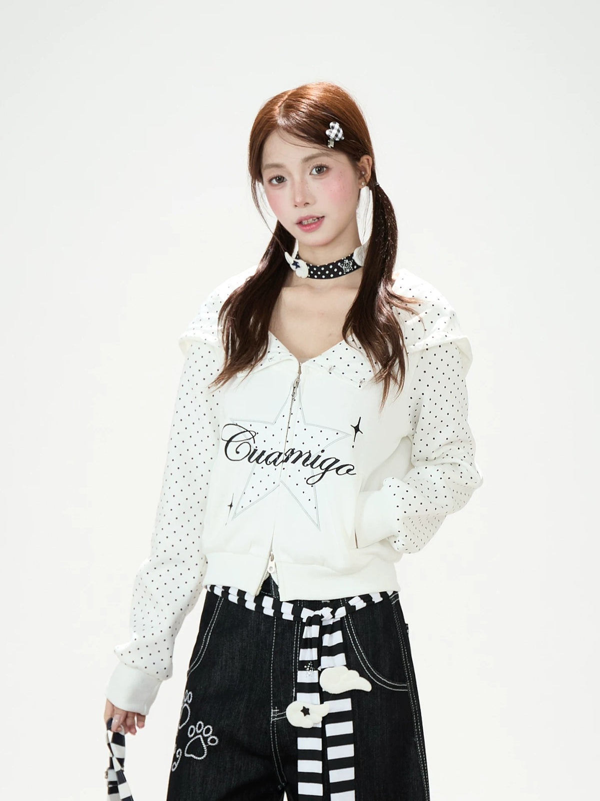Star Polka-Dot Cropped Zip-Up Hoodie & Gray Wide-Leg Sweatpants