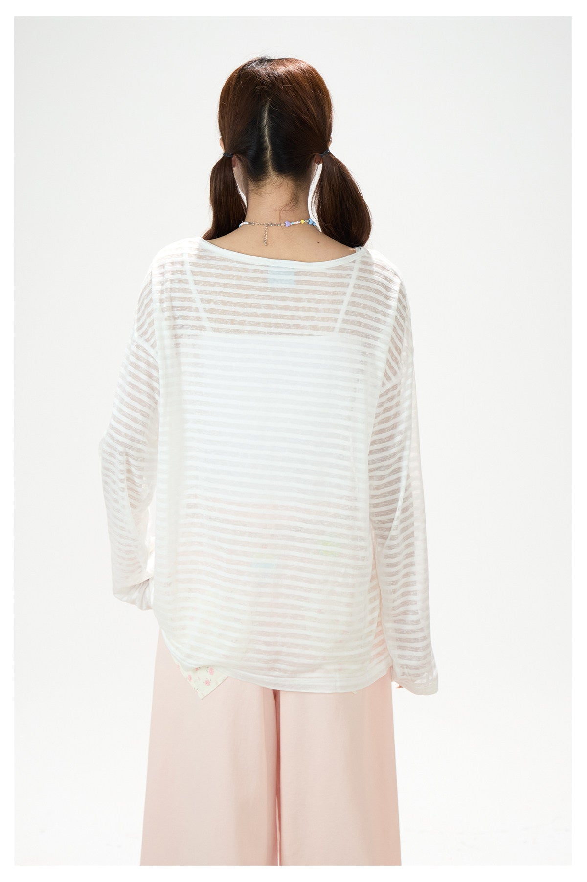 Playful Stripe Graphic Sheer Long Sleeve Top & Pink Wide-Leg Pants
