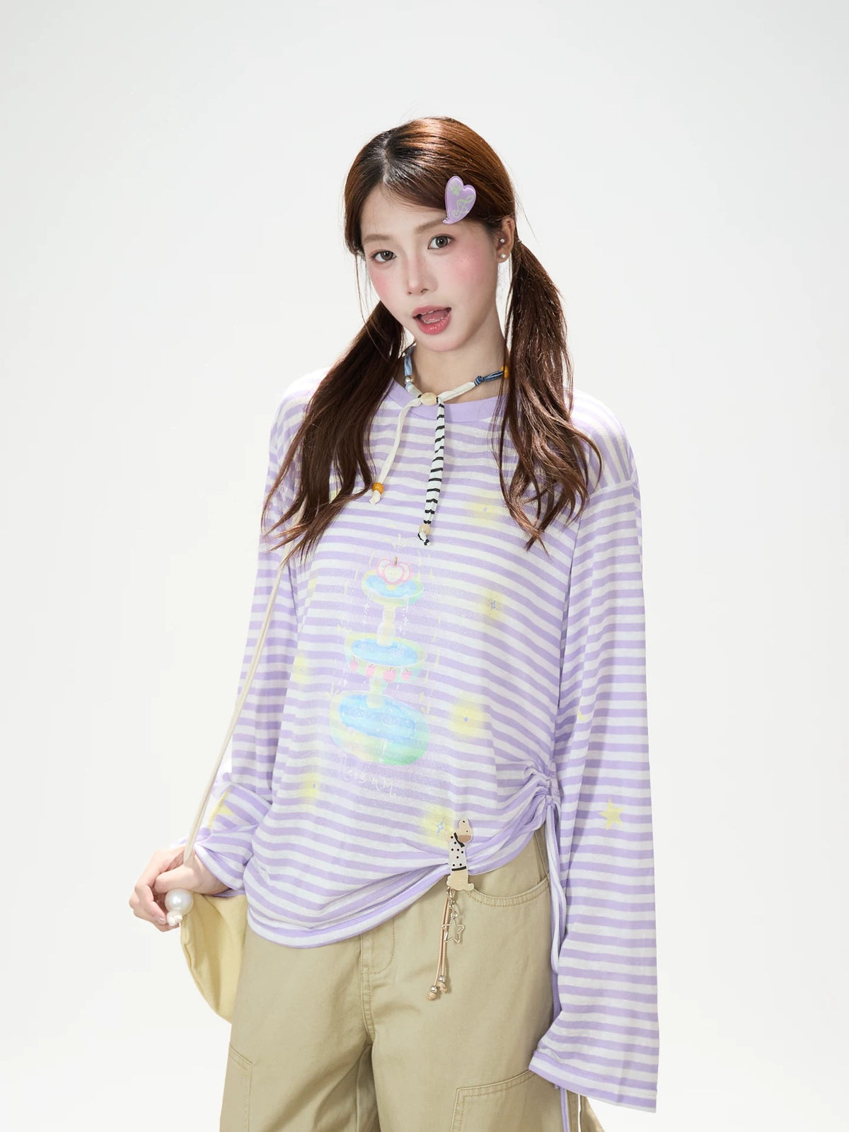Pastel Stripe Cartoon Drawstring Long Sleeve Top & Khaki Wide-Leg Pants