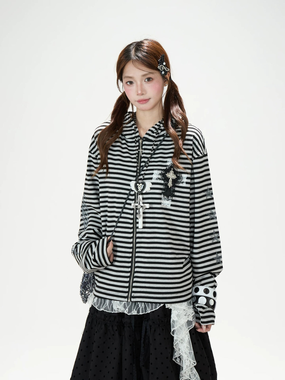 Lace Cross Stripe Zip-Up Hoodie & Black Polka-Dot Ruffle Midi Skirt
