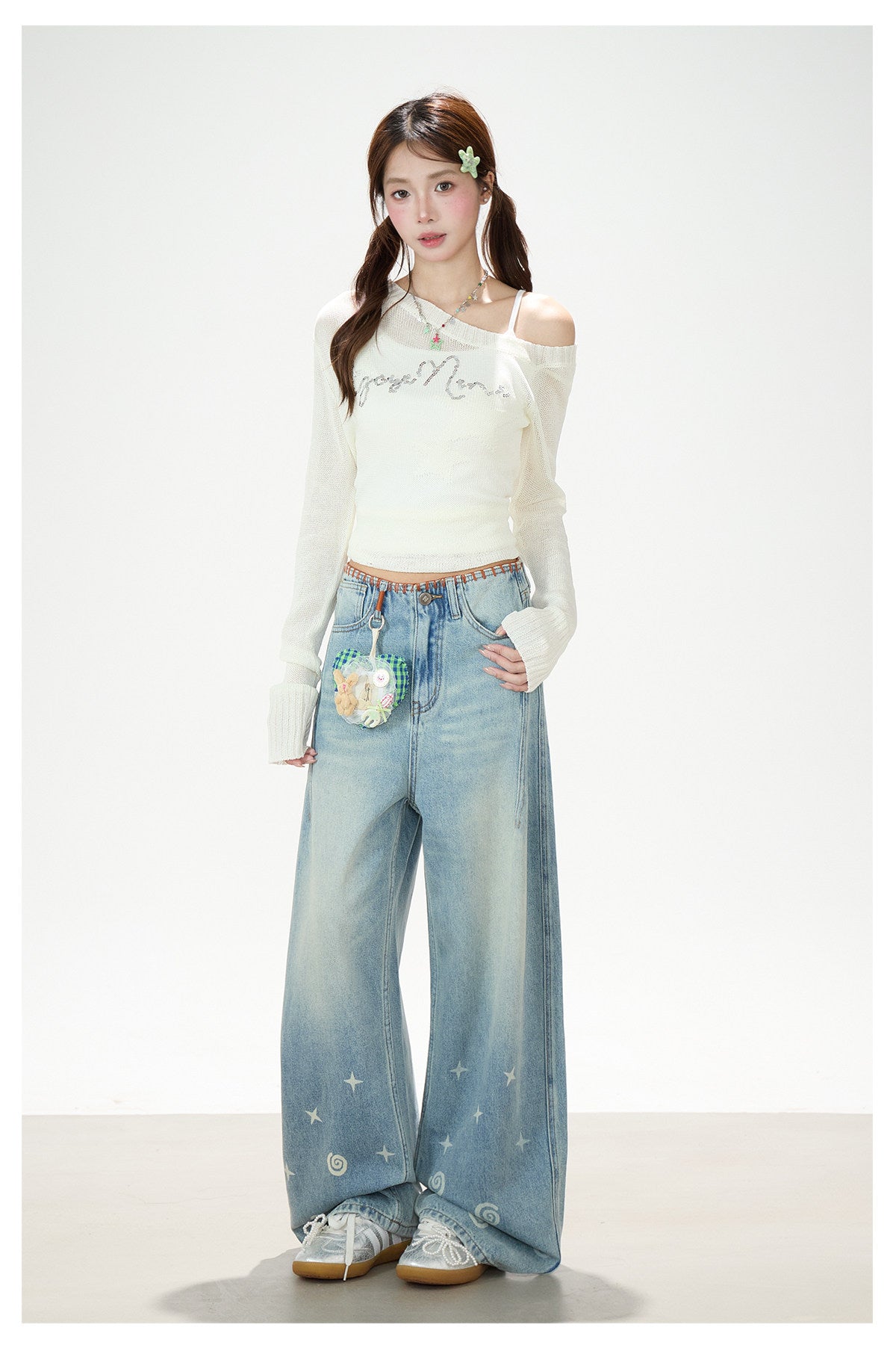 Playful Star Print Washed Wide-Leg Jeans