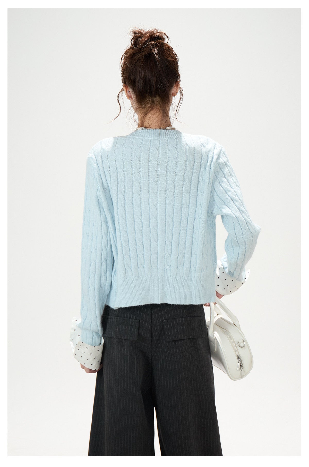 Polka-Dot Bow Knit Cardigan & Black Pinstripe Wide-Leg Pants