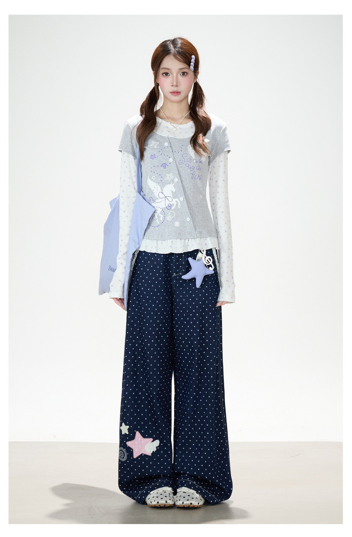 Floral Layered Long Sleeve Top & Navy Polka-Dot Wide-Leg Pants