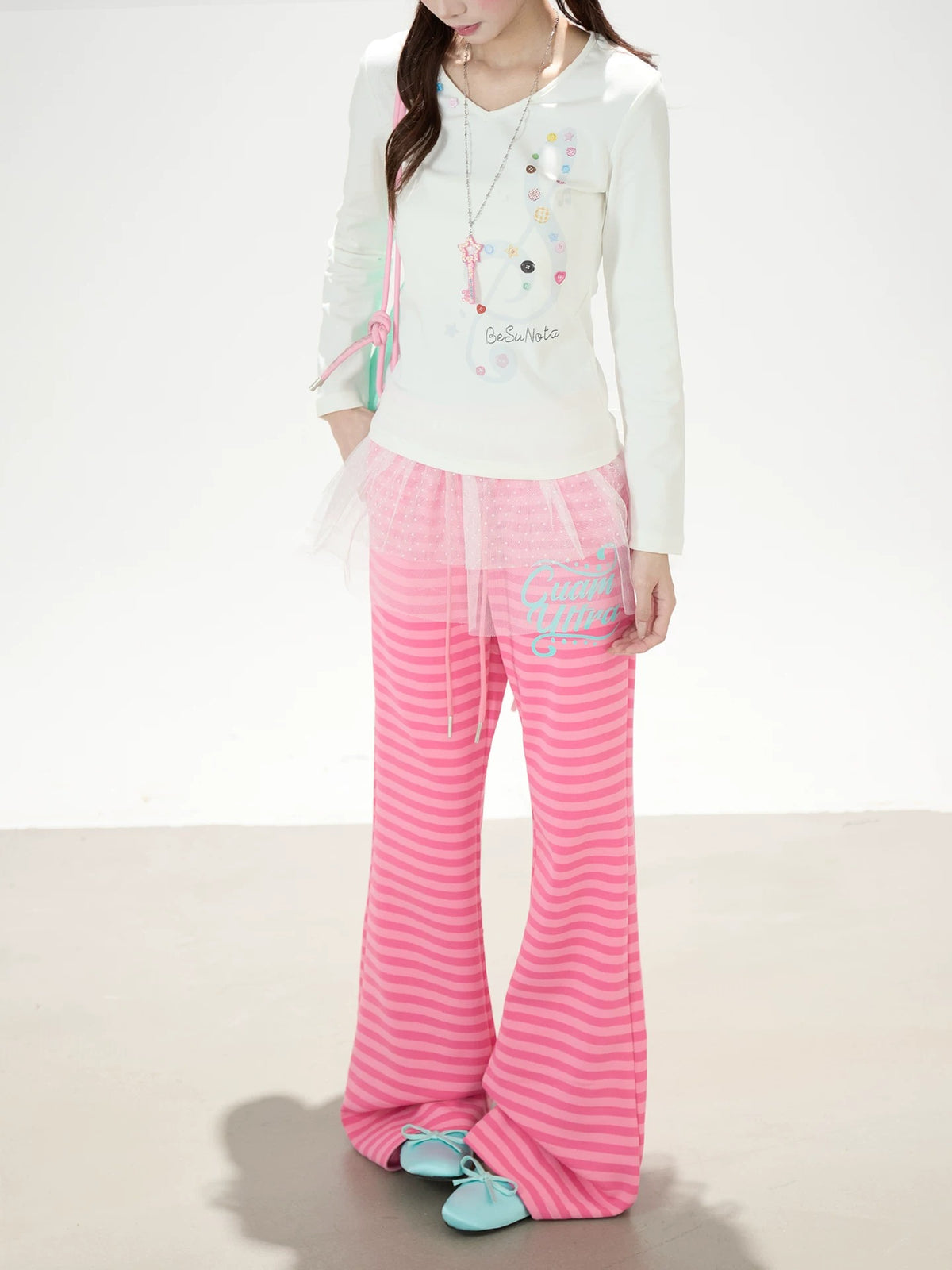 Music Note Star Button V-Neck Long Sleeve Top & Pink Stripe Wide-Leg Pants