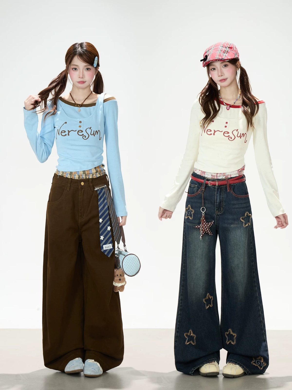 Letter Layered Long Sleeve Top & Coffee Wide-Leg Pants