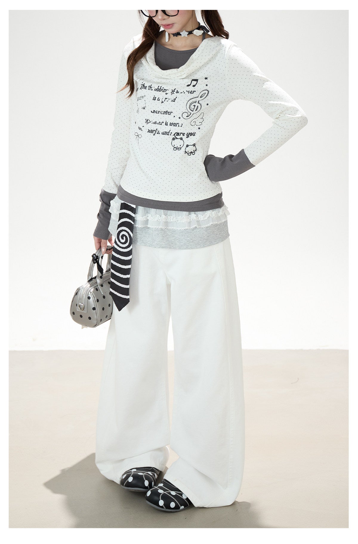 Music Note Cat Polka-Dot Layered Long Sleeve Top & White Wide-Leg Pants