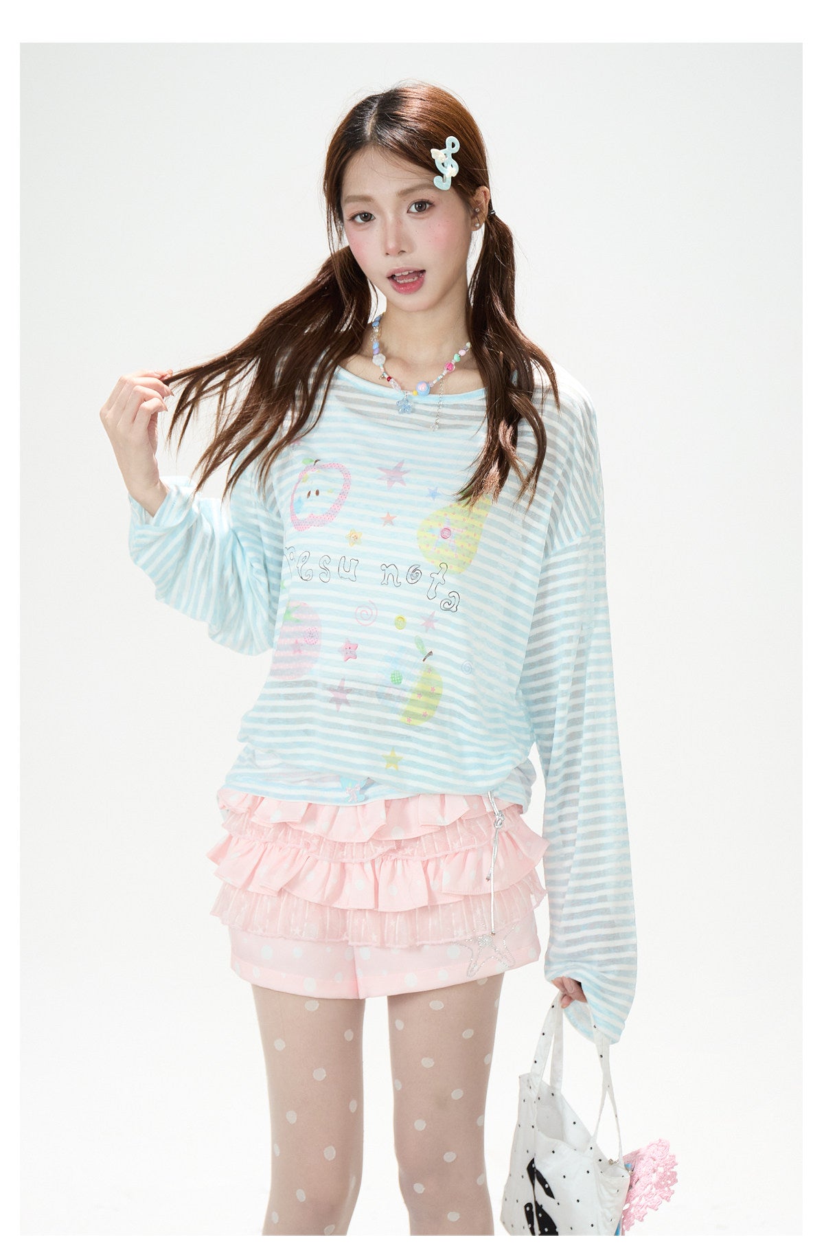 Playful Stripe Graphic Sheer Long Sleeve Top & Pink Wide-Leg Pants