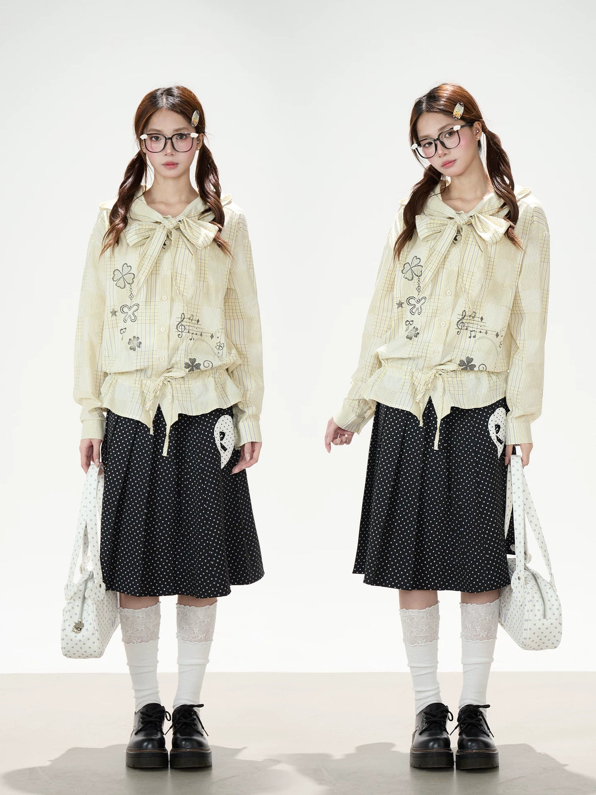 Plaid Hooded Long Sleeve Shirt & Black Polka-Dot Midi Skirt