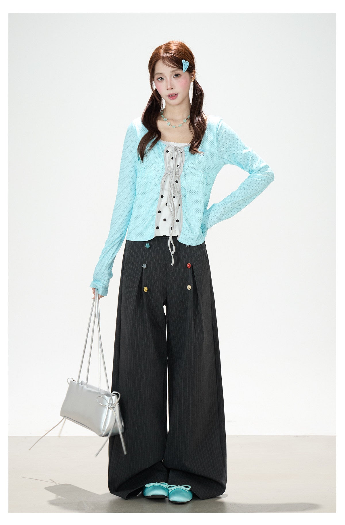 Pinstripe Button Wide-Leg Pants