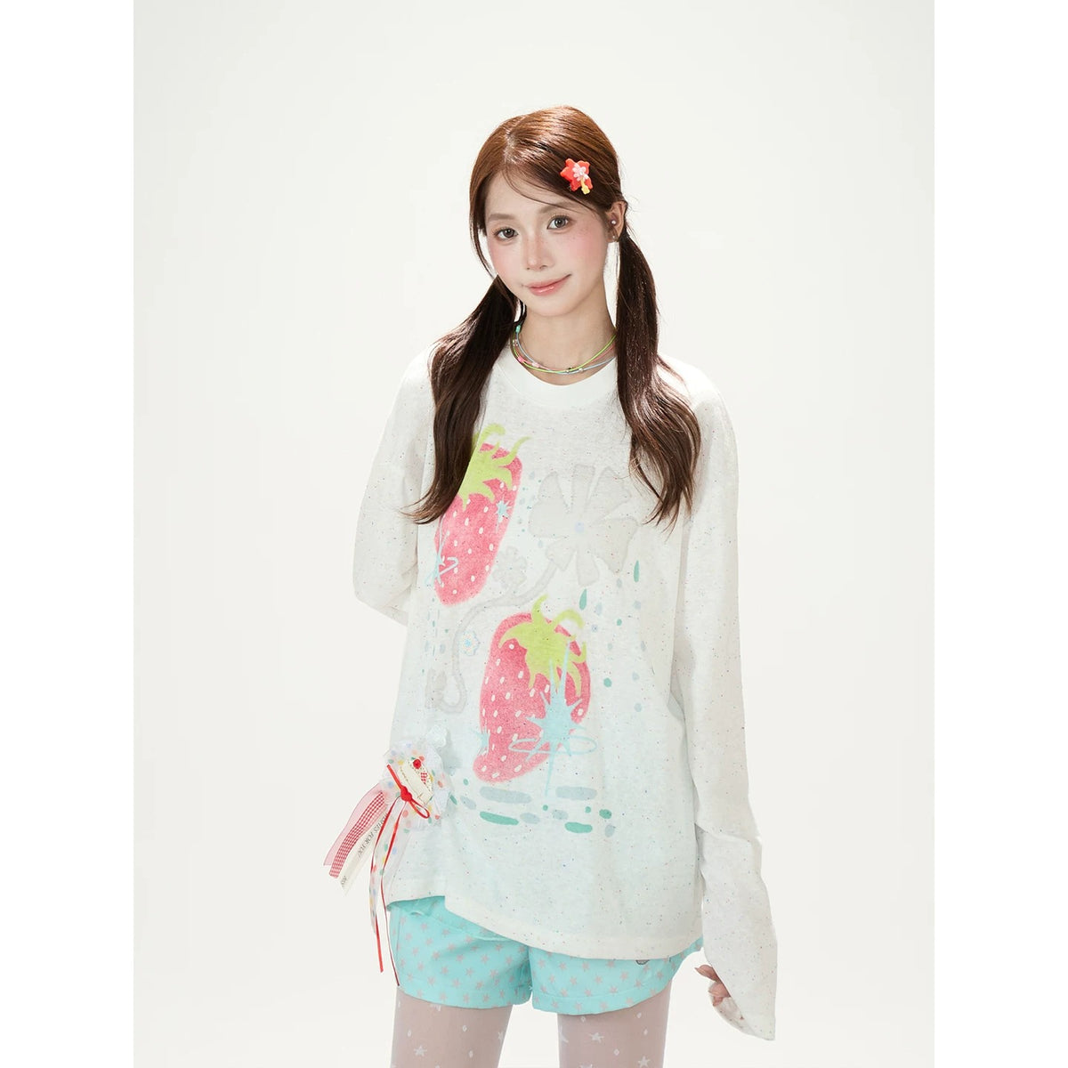 Strawberry Doodle Long Sleeve Tee & Aqua Polka-Dot Shorts