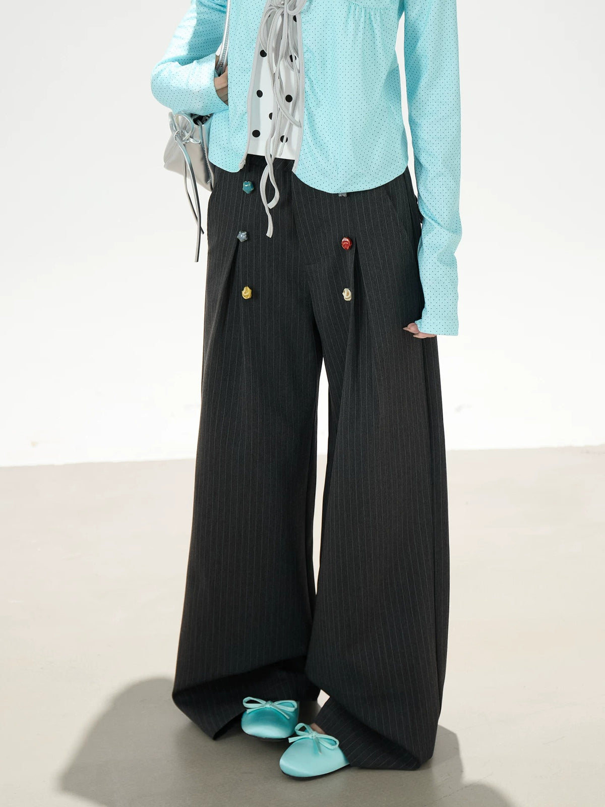 Pinstripe Button Wide-Leg Pants