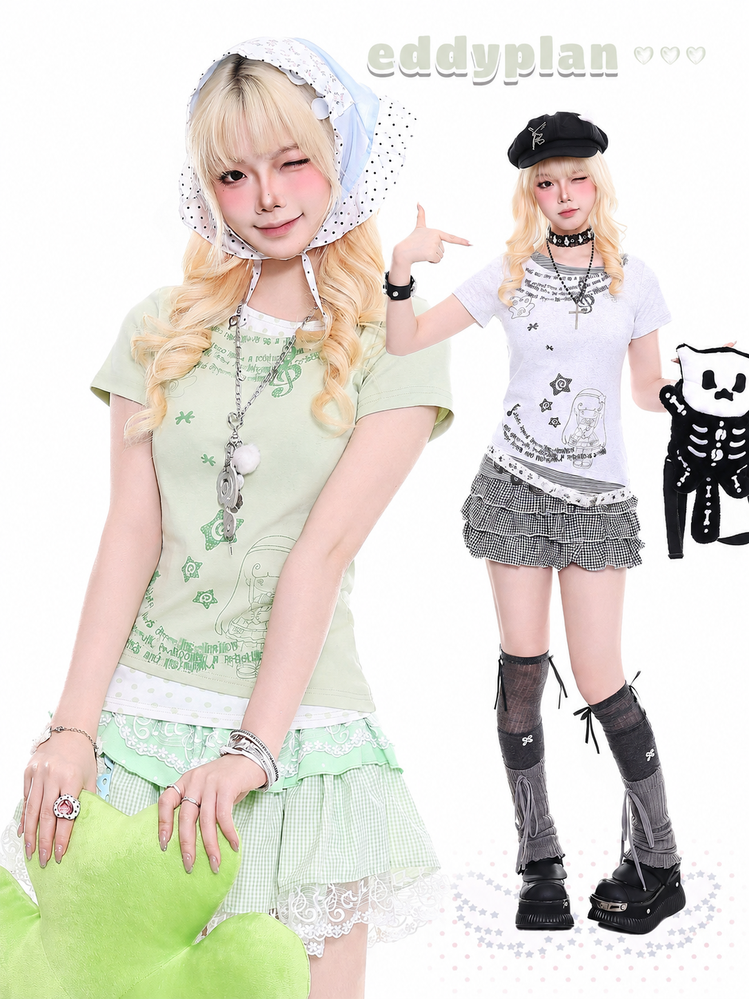 Polka Dot Faux Layered Graphic Tee & Music Lace Gingham Mini Skirt