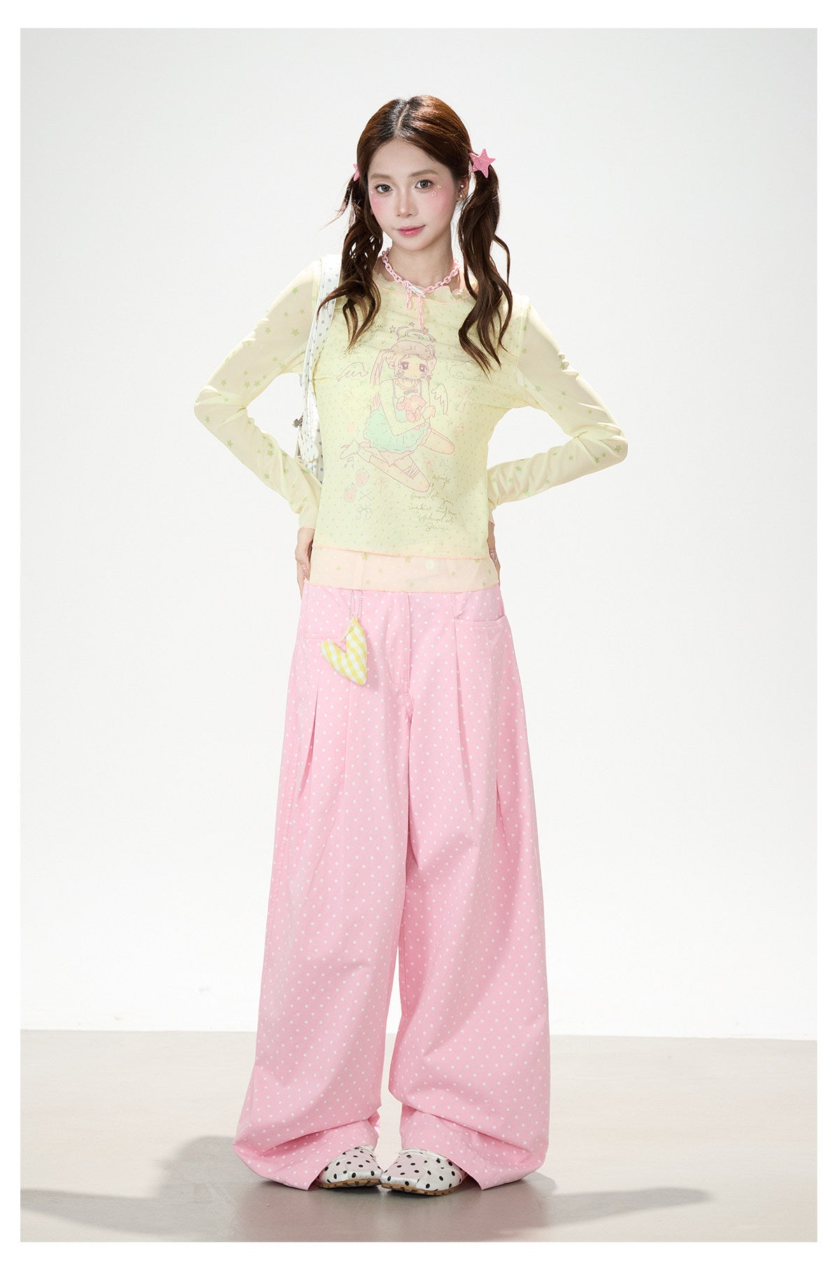 Anime Star Polka-Dot Mesh Long Sleeve Top & Bunny Graphic Wide-Leg Jeans