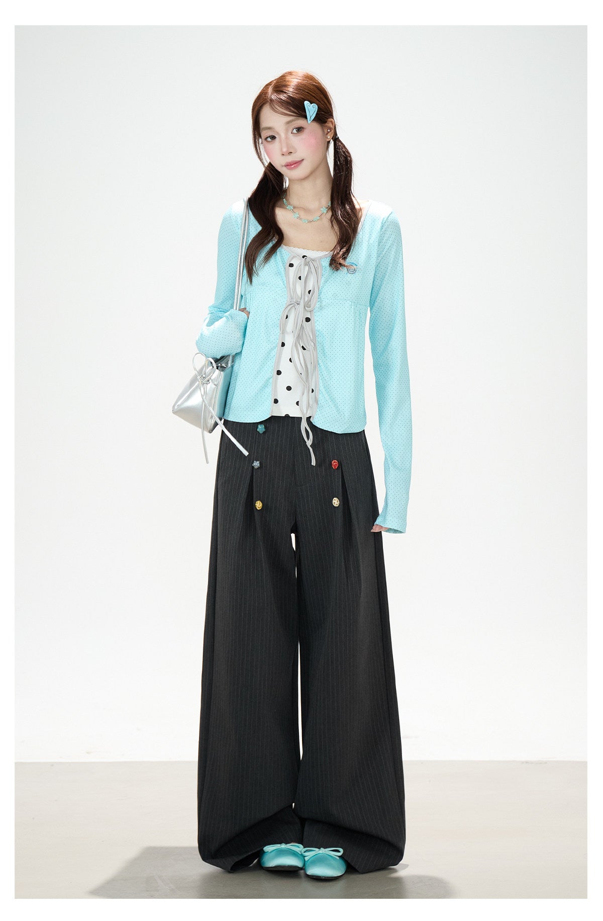 Pinstripe Button Wide-Leg Pants