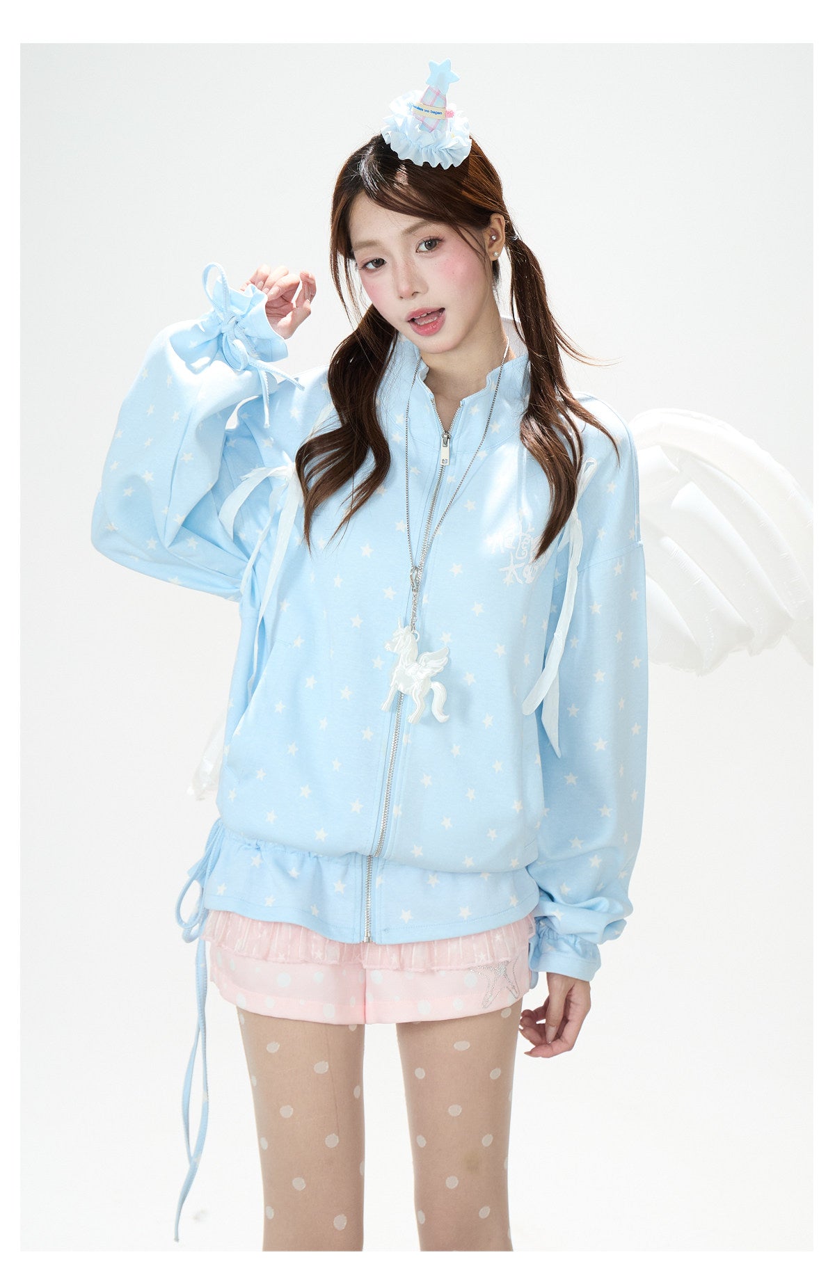Allover Star Zip-Up Sweatshirt Jacket & Blue Plaid Tiered Midi Skirt