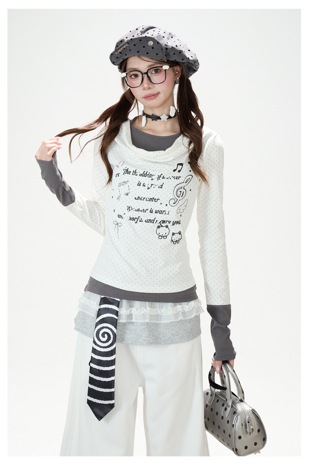 Music Note Cat Polka-Dot Layered Long Sleeve Top & White Wide-Leg Pants