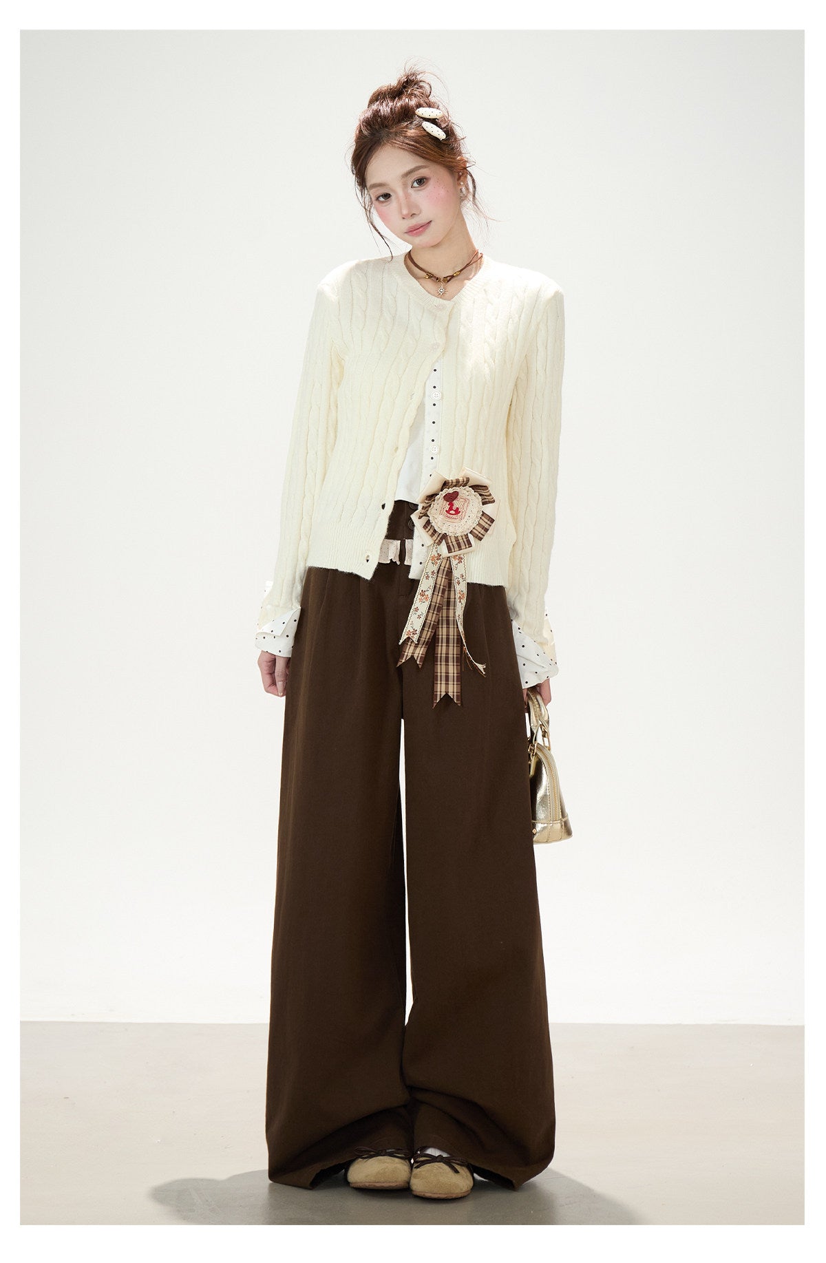 Cable-Knit Polka-Dot Faux-Layered Cardigan