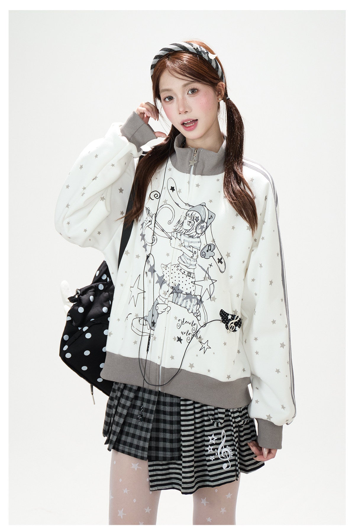 Star Girl Graphic Stand-Collar Jacket & Gray Layered Mini Skirt