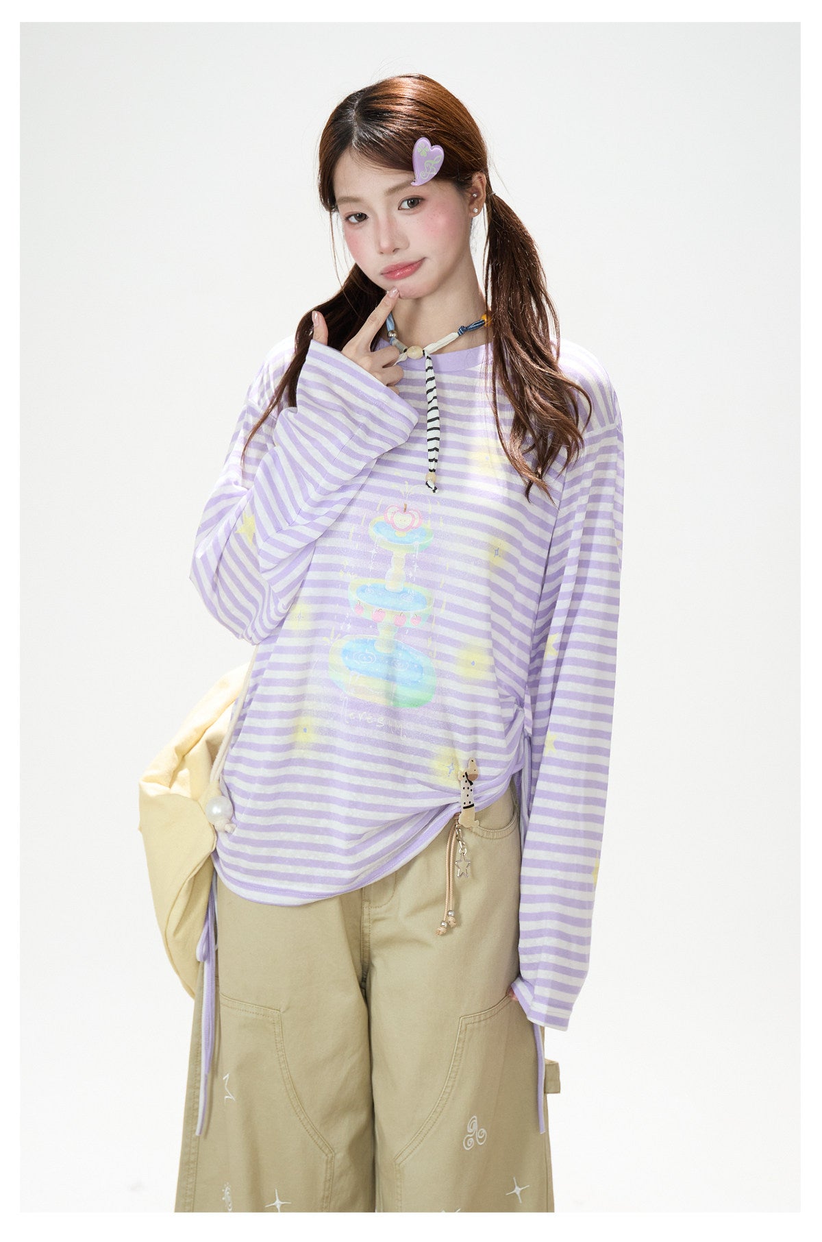 Pastel Stripe Cartoon Drawstring Long Sleeve Top & Khaki Wide-Leg Pants