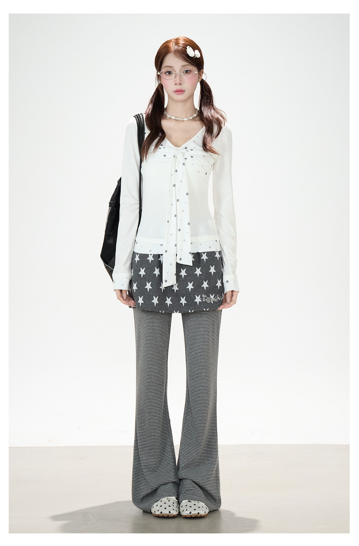 Star Bow-Tie Long Sleeve Top & Star Skirt-Layer Stripe Flared Pants