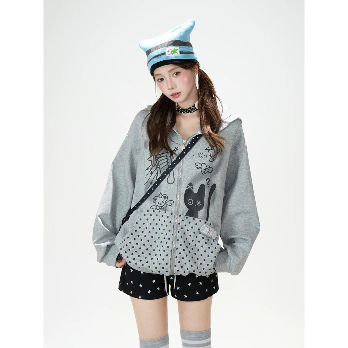 Cartoon Polka-Dot Zip-Up Hoodie & Star Print Shorts